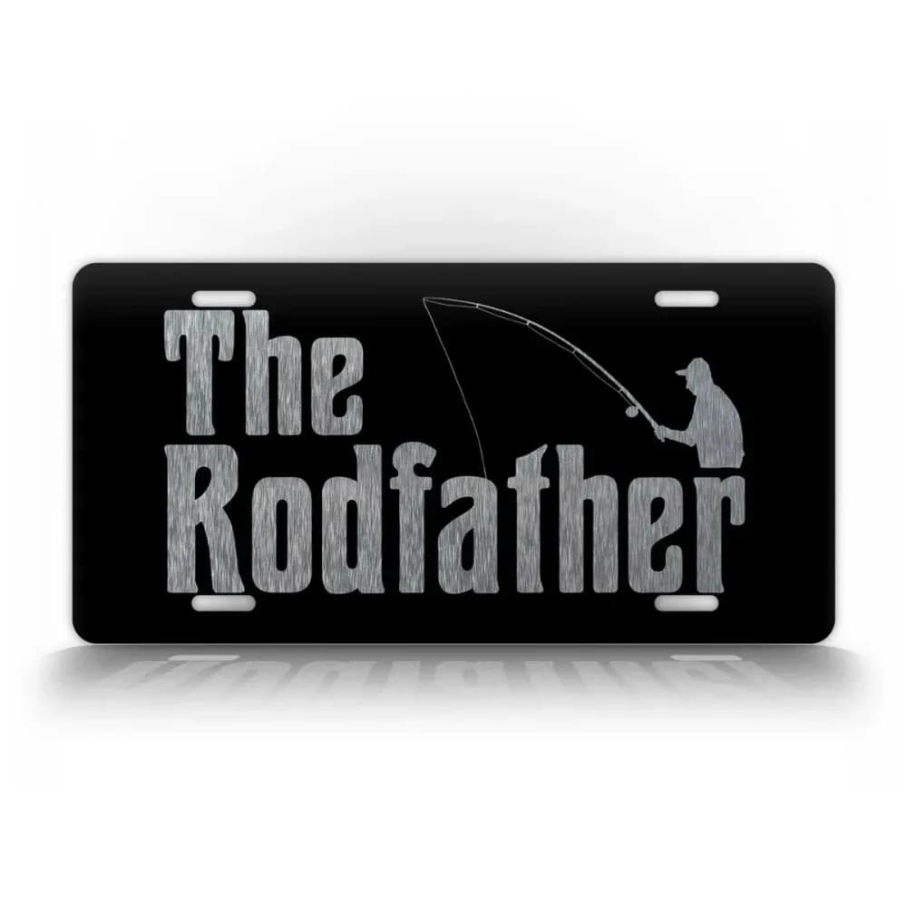 1 Pezzo Targa Metallica Personalizzabile in Argento con Scritta "The Rodfather", Tema Pesca con Canna e Mulinello, per Amanti della Pesca