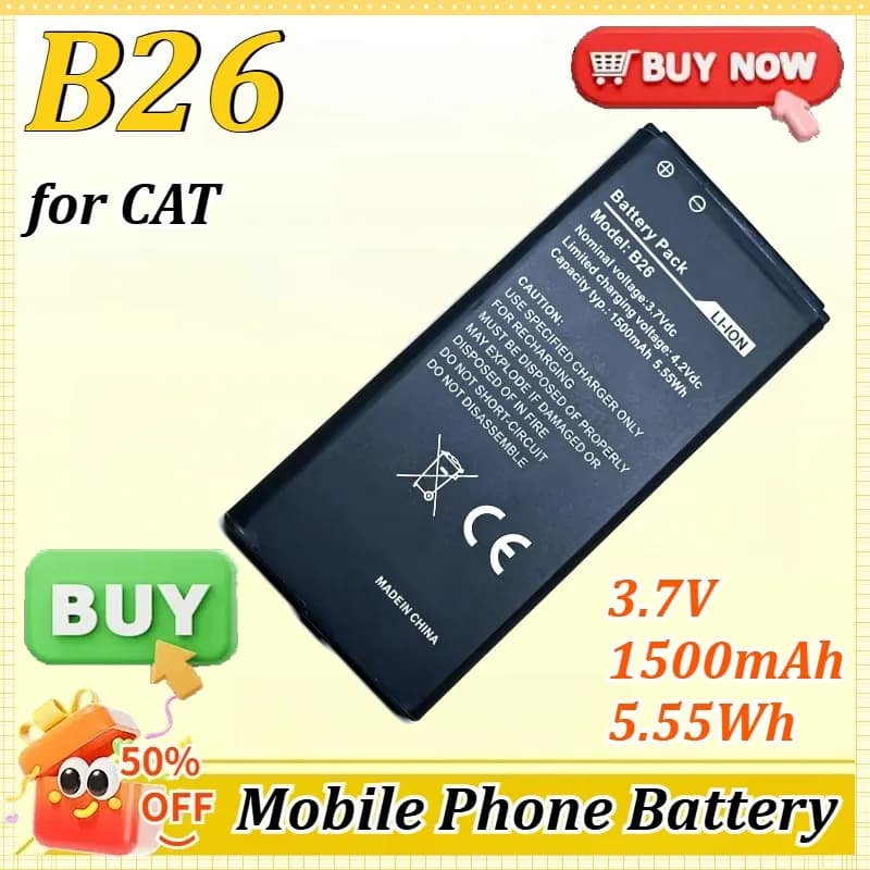 Batteria al litio B26 3.7V 1500mAh 5.55Wh per smartphone robusto da esterno CAT, compatto e pratico.