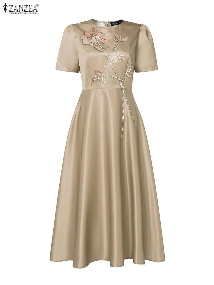 ZANZEA Elegant Women's Party Dresses Visually Trapeze Dress with 3D Floral Print Short sleeves Waisting Dresses for wedding guests