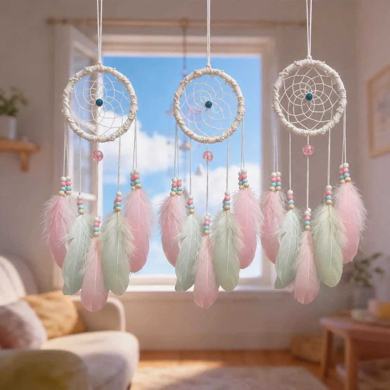 3Pcs Boho DreamCatcher Set Handmade Macaron Feather Bead Wall Hanging Ornament Ins Home Decor for Girls Bedroom Nursery Gift