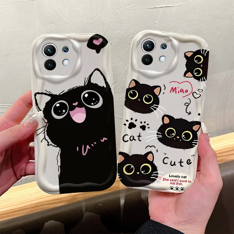 3D wave phone case with black cat with big eyes and cute for Xiaomi 14T 13T 12T Pro Mi 15 14 Ultra 13 12 11 Lite 5G NE 10 12X 12S 11i 11X Pro