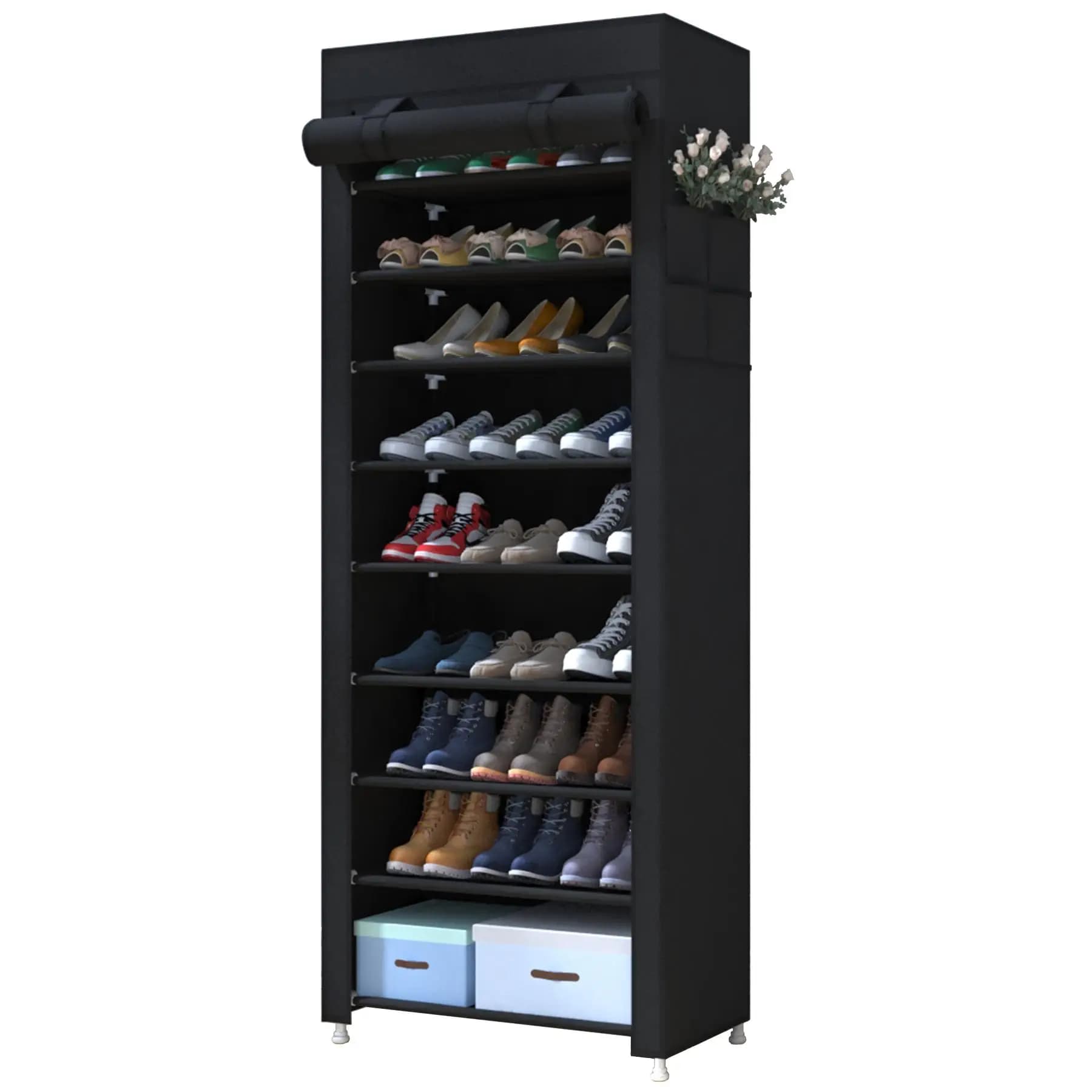 Large Capacity 10 Tier Shoe Rack 9 Grids Shoe Organizer Cabinet with Dustproof Cover Adjustable Standing Storage Shelf Space Saving Tall Furniture Multi-layer Closet Shoes Holder for Entryway Hallway