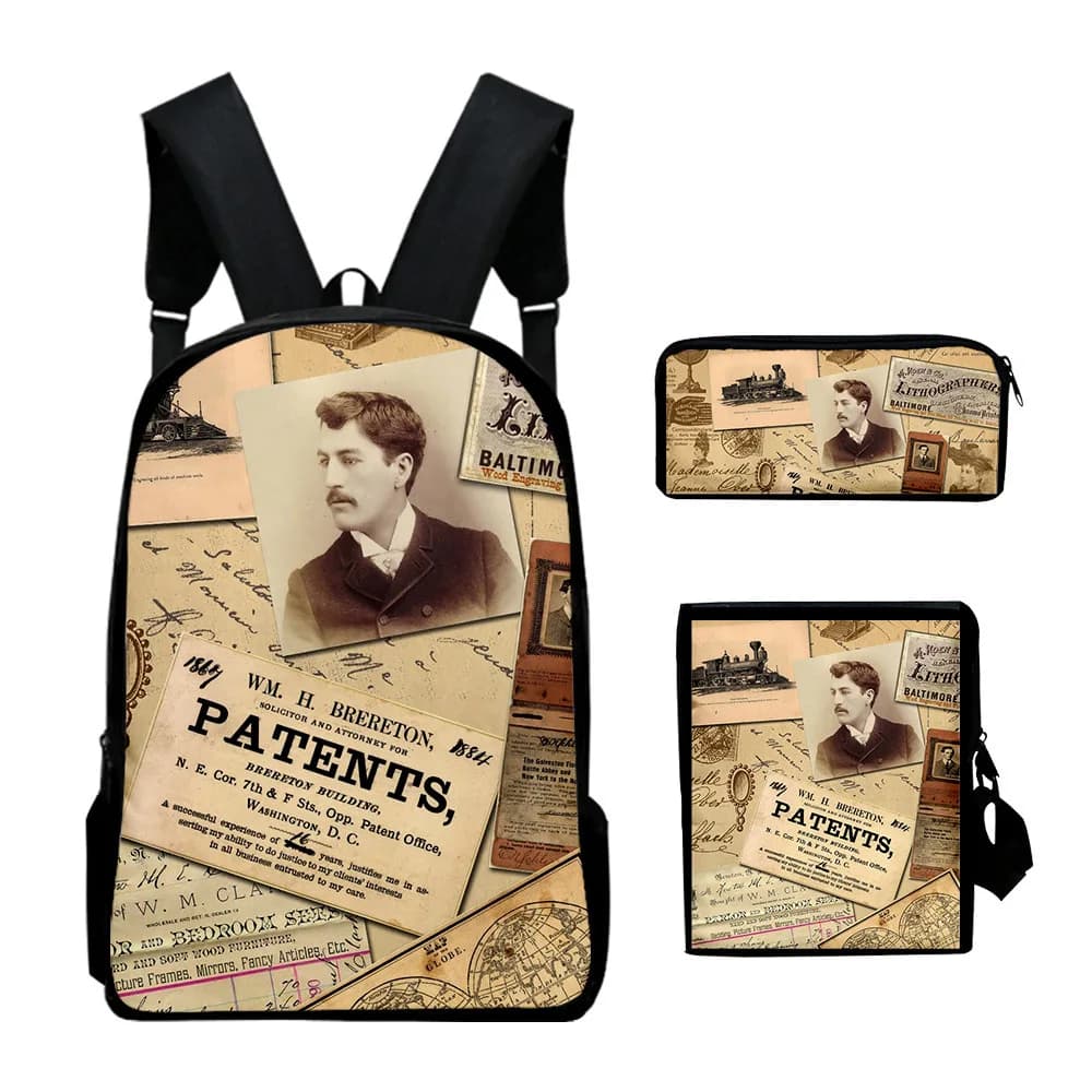 Classic Popular Vintage newspaper 3D Print 3pcs/Set pupil School Bags Laptop Daypack Backpack Inclined shoulder bag Pencil Case