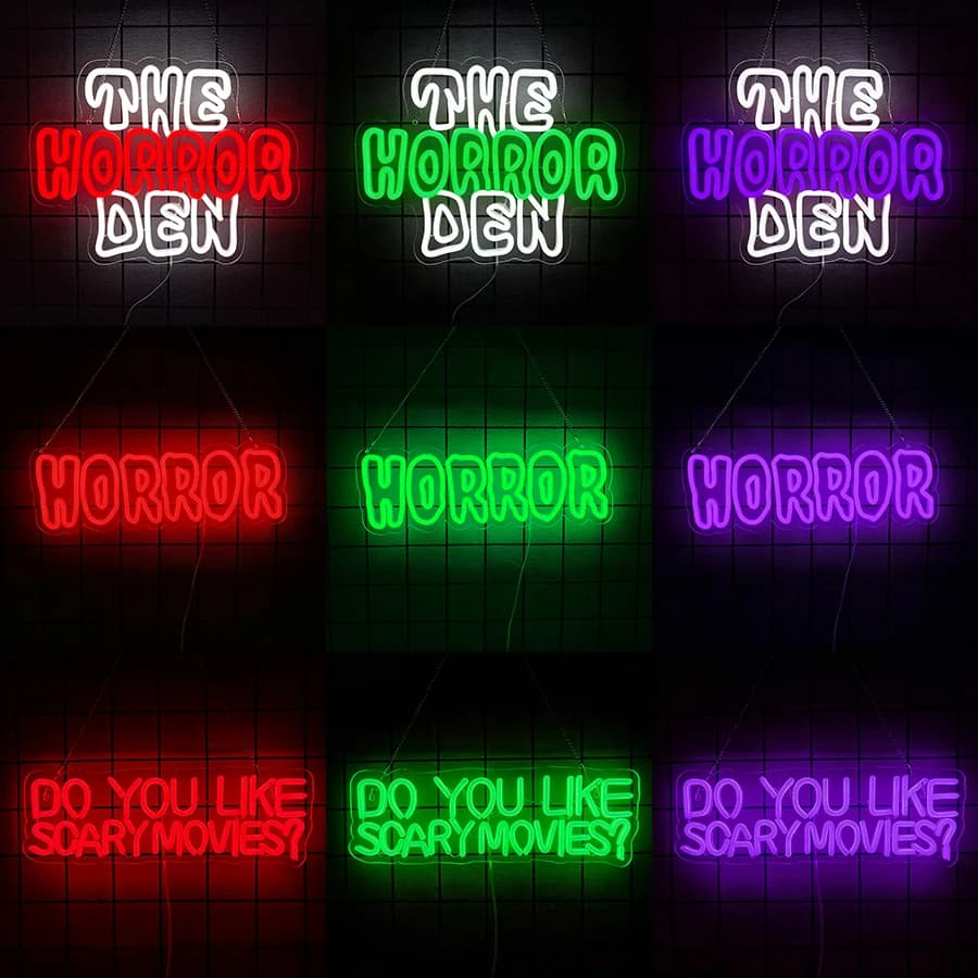 Insegna al Neon The Horror Den, Luci LED Gotiche per Man Cave, Sala Giochi, Bar, Stanza Gotica, Film Horror, Decorazione Murale per Feste di Halloween