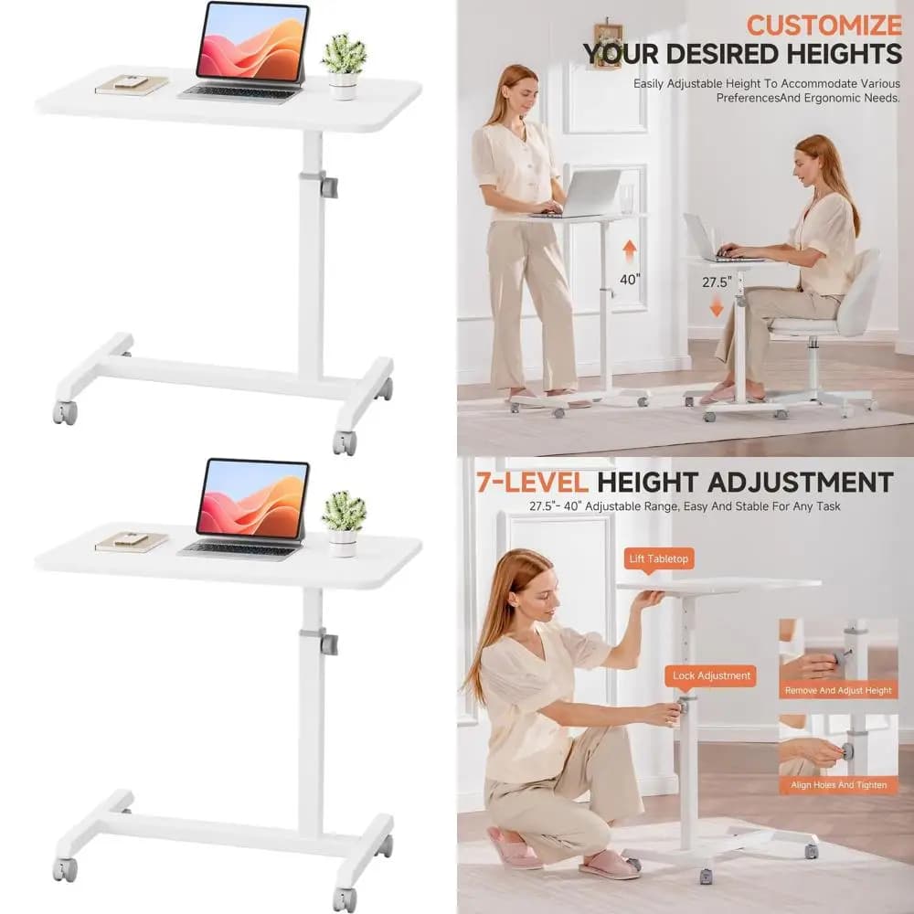 Piccola scrivania mobile in piedi, scrivania portatile con rotelle per laptop Sit Stand con ruote bloccabili, comodino sopra il letto ad altezza regolabile