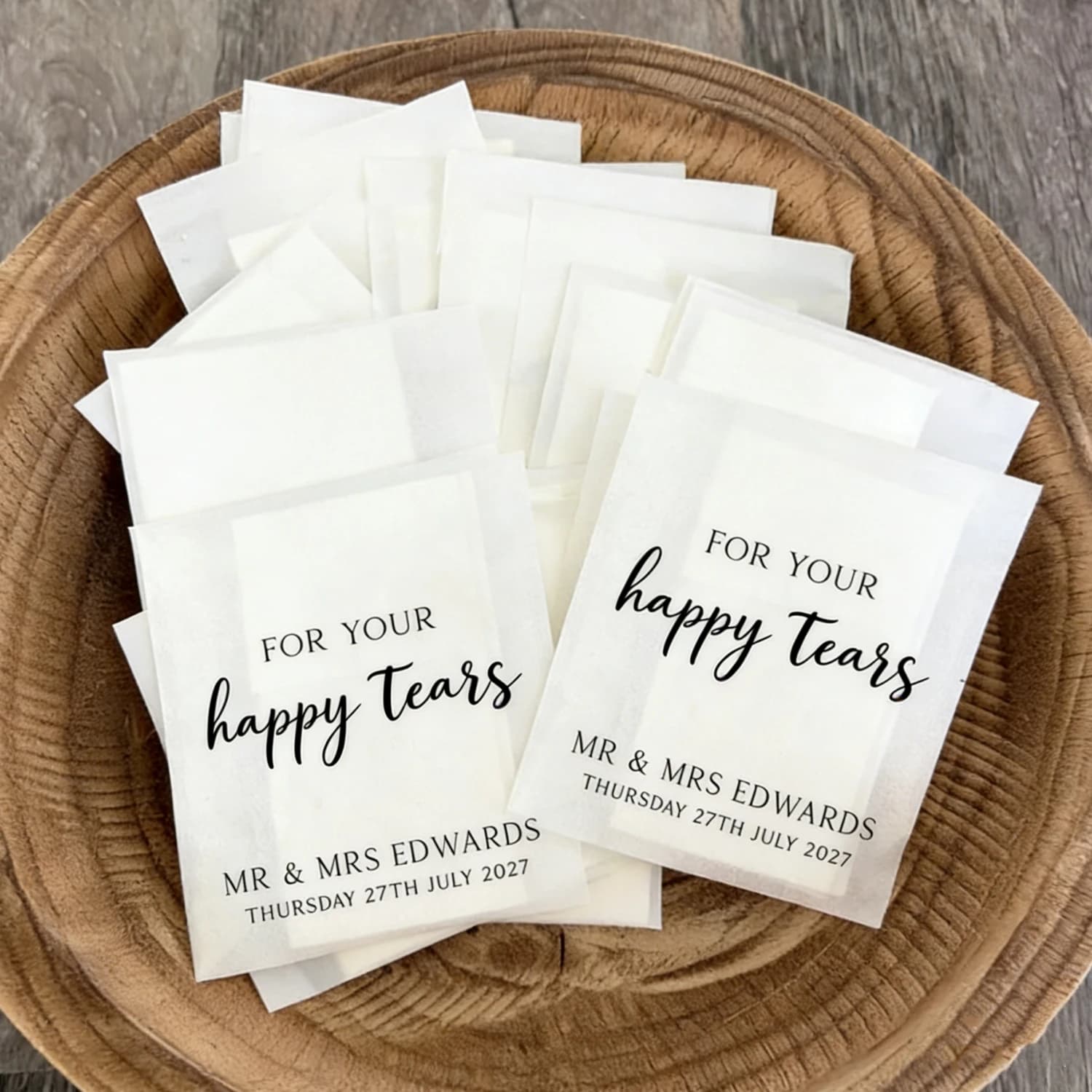 Confezioni da 25/50/100 Fazzoletti Happy Tears, Bomboniere per Matrimonio, Essenziali per Sacchetti di Benvenuto