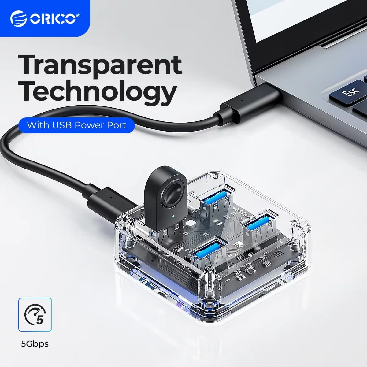 Hub USB 3.0 ORICO con alimentatore Interfaccia di espansione trasparente a 4 porte OTG Dapter Tipo C Hub PC Computer Dcoking Stantiom