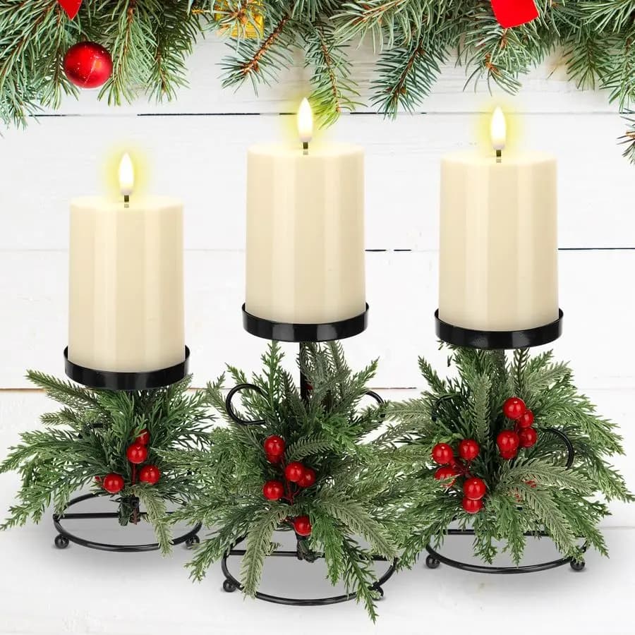 Set of 3 Christmas candle holders with 3 Battery LED candles, Norfolk Pine Shape Artificial Table Decoration
