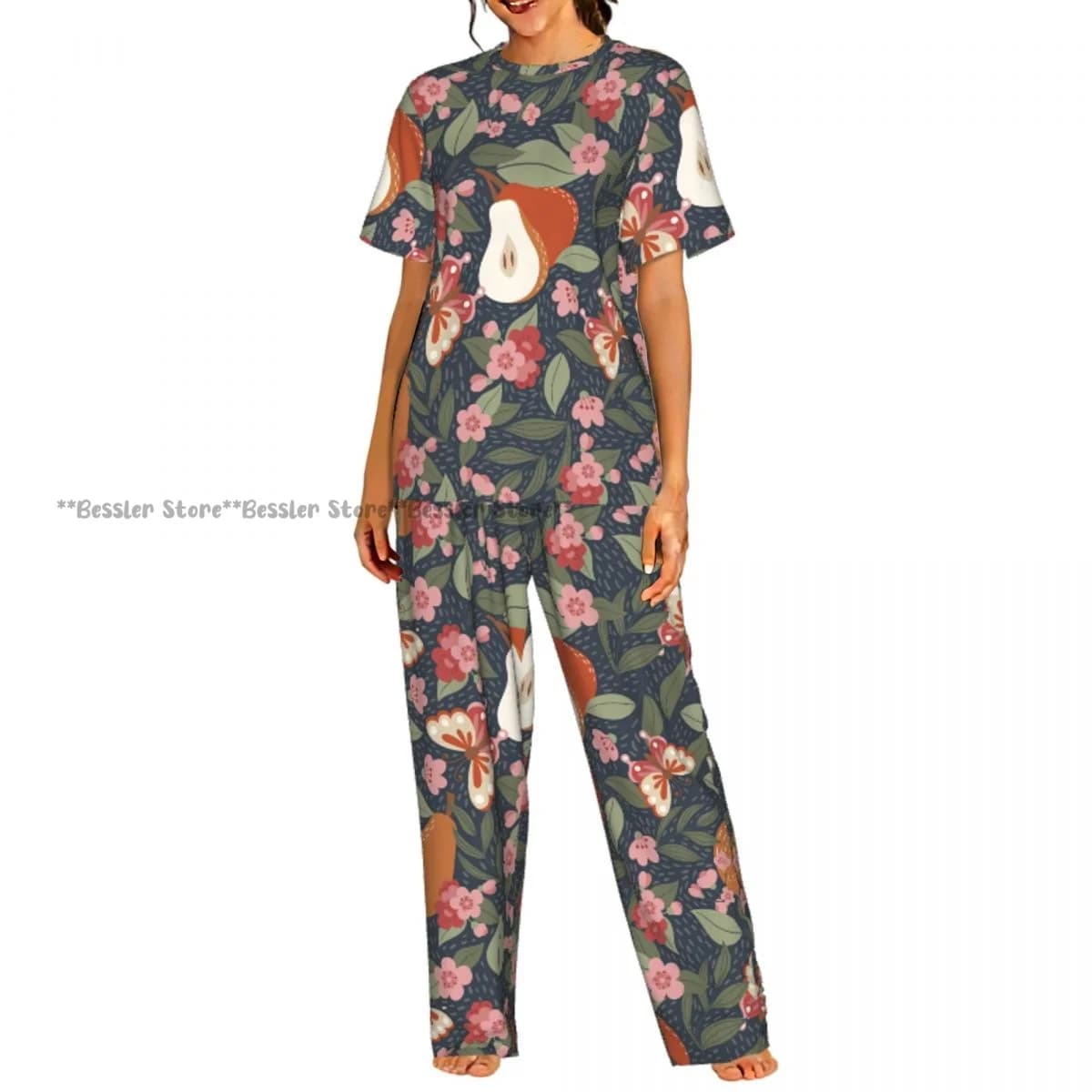 Women's pyjamas, loungewear set, nightwear with floral print and fruit, short sleeves