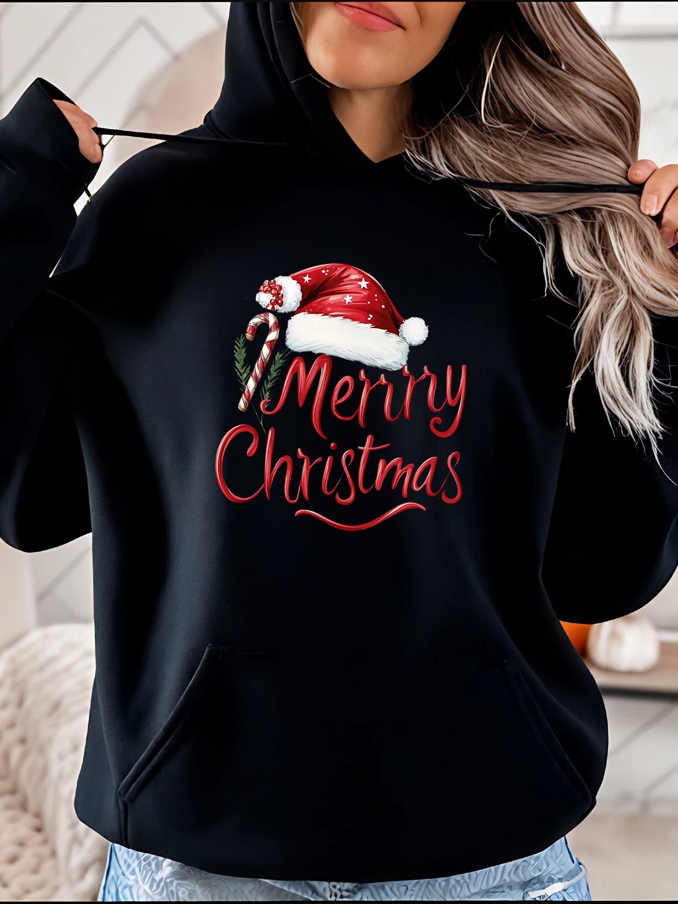 Buon Natale Cappello da Babbo Natale Felpa con cappuccio con stampa di canna di zucchero Maglione casual per le vacanze Abito invernale da donna