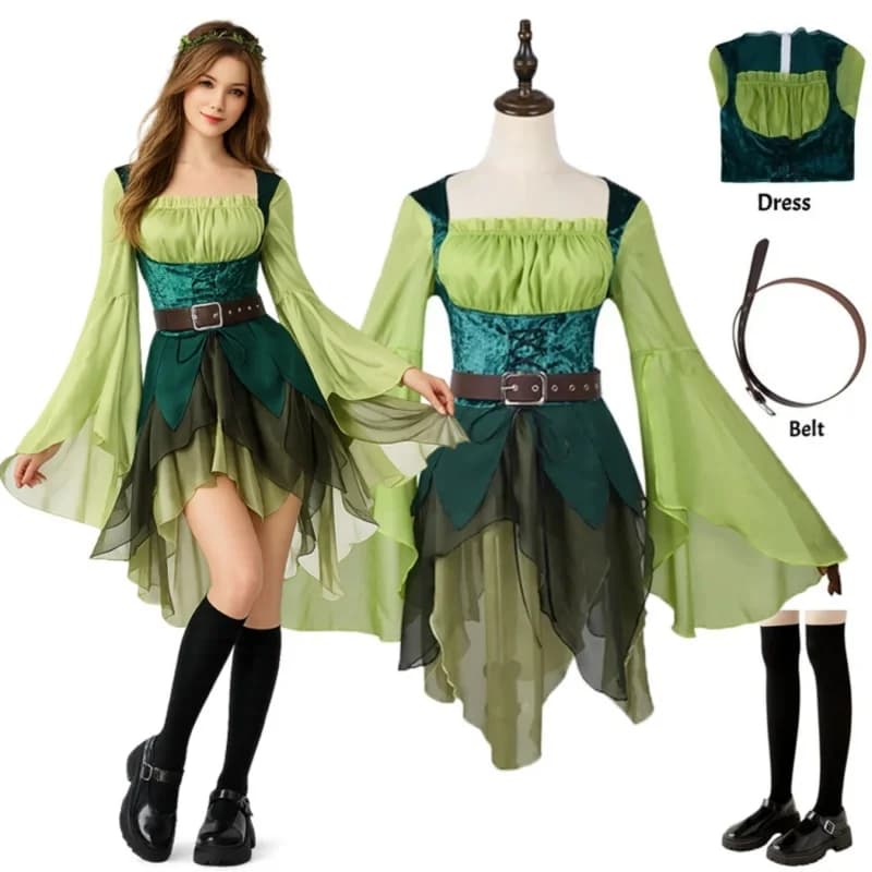 Women's Elf Medieval Green Fairy Dress Magical Elf Dress with Wings Belt Halloween Elf role-playing costume