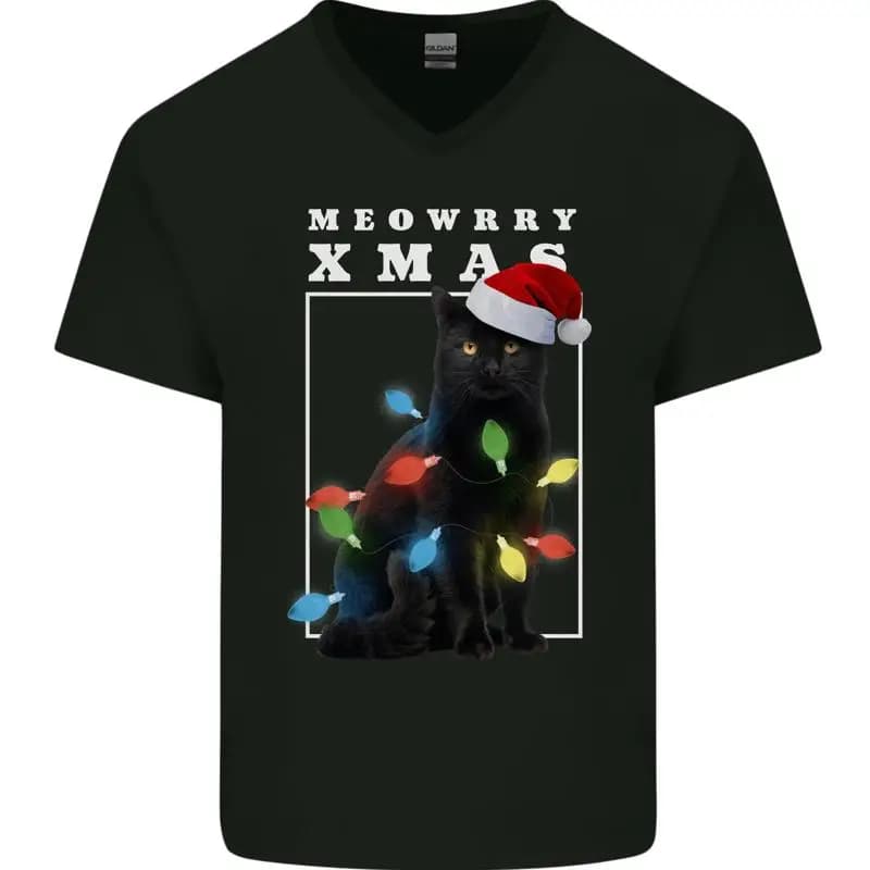 T-shirt da uomo in cotone con gatto divertente albero di Natale Meowy