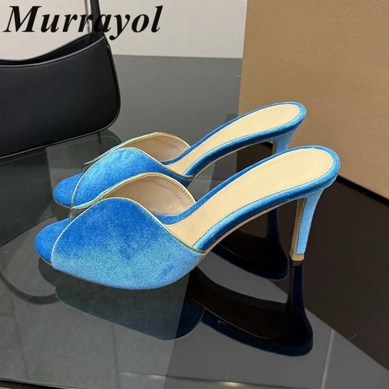 Pantofole sottili con tacco alto da donna in velluto a coste tinta unita sandali sexy Mujer pantofole peep toe scarpe da sera estive a spillo