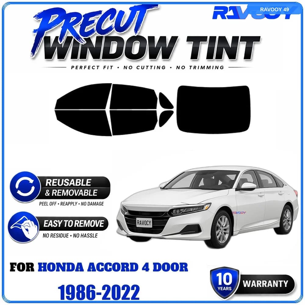 RAVOOY Precut Window Tint, Reusable Removable EPU Film, Custom Fit for Honda Accord 4 Door 1986-2022, UV Heat Protection