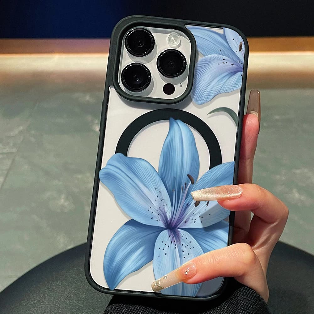 Lce Blue Lily Clear Case For Magsafe iPhone 14 Pro Max 17 15 14 11 13 12 ProMax 16 15 14 Plus Cases Wireless Charing TPU Fundas