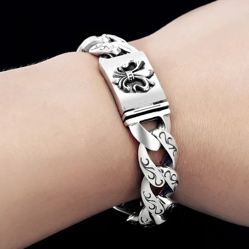 Premium 925 Silver Bracelet, Thai Silver Vintage Floral Clasp, Hip Hop Cuban Chain, Korean Style Trendy Jewelry