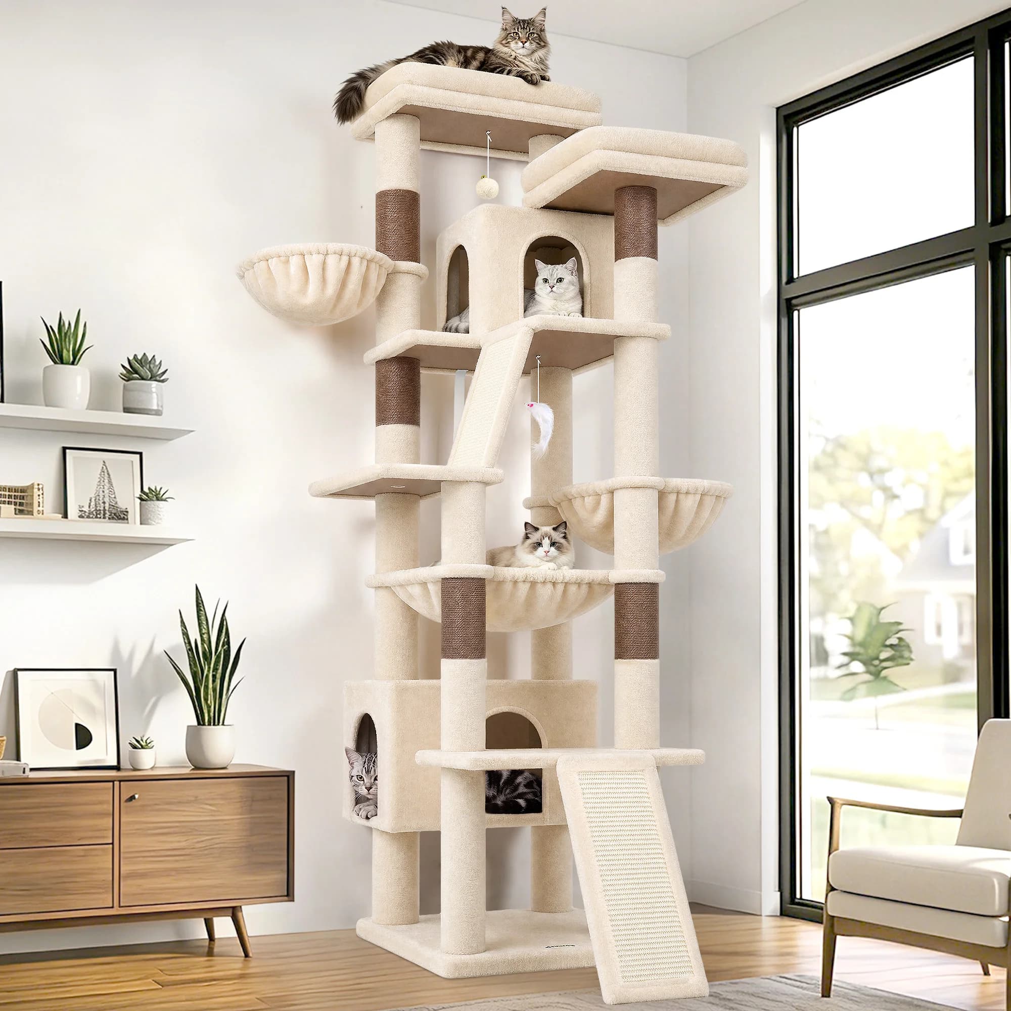 Globlazer 75 Inch Cat Climbing Tower for Medium Large Cats Multi Level Cat Tree with Hammock and 2 Condos Indoor Cat Tree for 2-3 Cats with Sisal Posts and Scratching Board