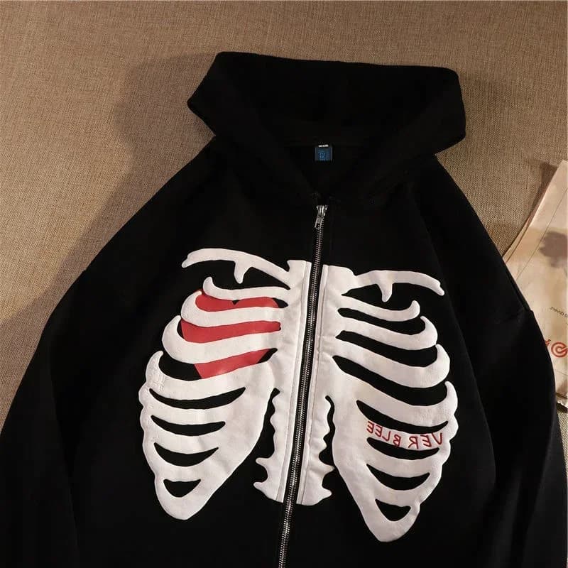 Y2K Scheletro Felpe con cappuccio Donna 2025 Vrouwen Gothic Zwart Zip Up Felpa oversize Dames Retro Harajuku Capuchon Streetwear Top