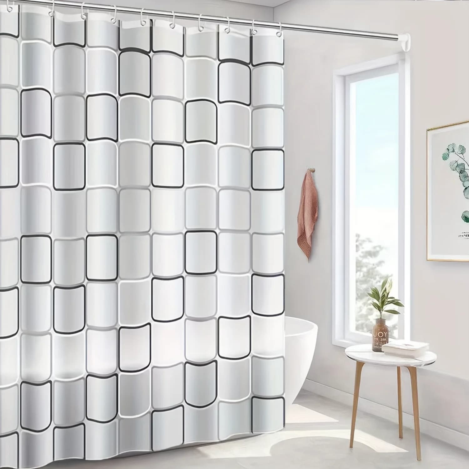 Tenda da doccia grande a quadretti da 1 pezzo, foderata in PEVA, reticolo bianco e nero, tenda impermeabile per il bagno, arredamento della stanza e gancio