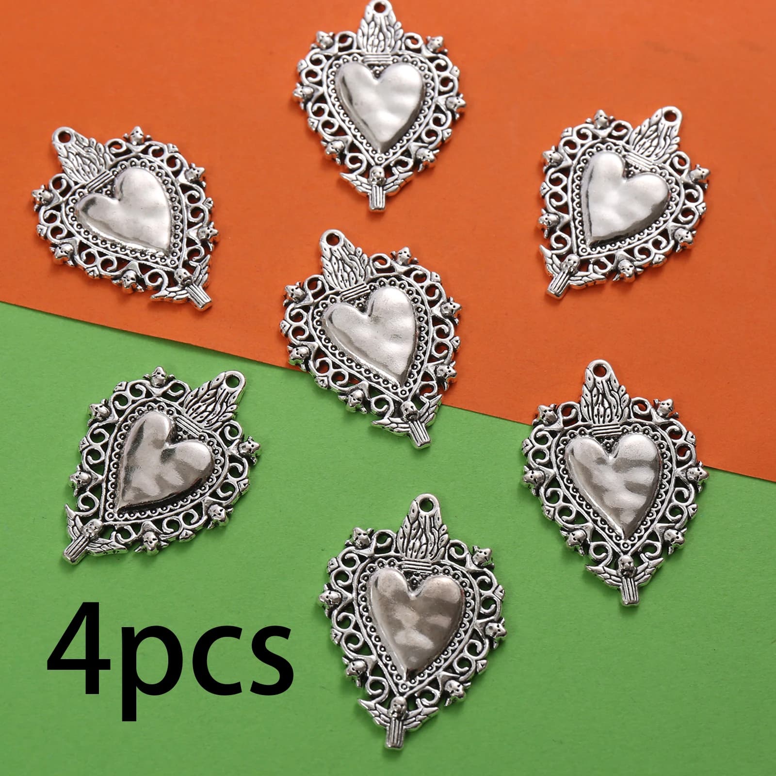 4-Piece Set of Hollow Lace Heart Charms, Vintage Distressed Heart-Shaped Mini Pendants, Suitable for DIY Bracelets, Necklaces, and Earrings, Dark Retro Handmade Beaded Jewelry Accessories