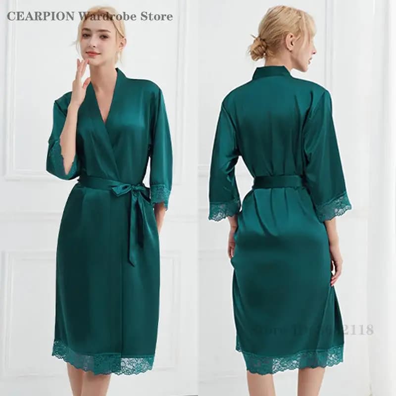 Ice Silk Bathrobe Bride Wedding Robe Long Kimono Sexy Lace Nightdress Women Rayon Elegant Nightgown Loose Lingerie Sleepwear