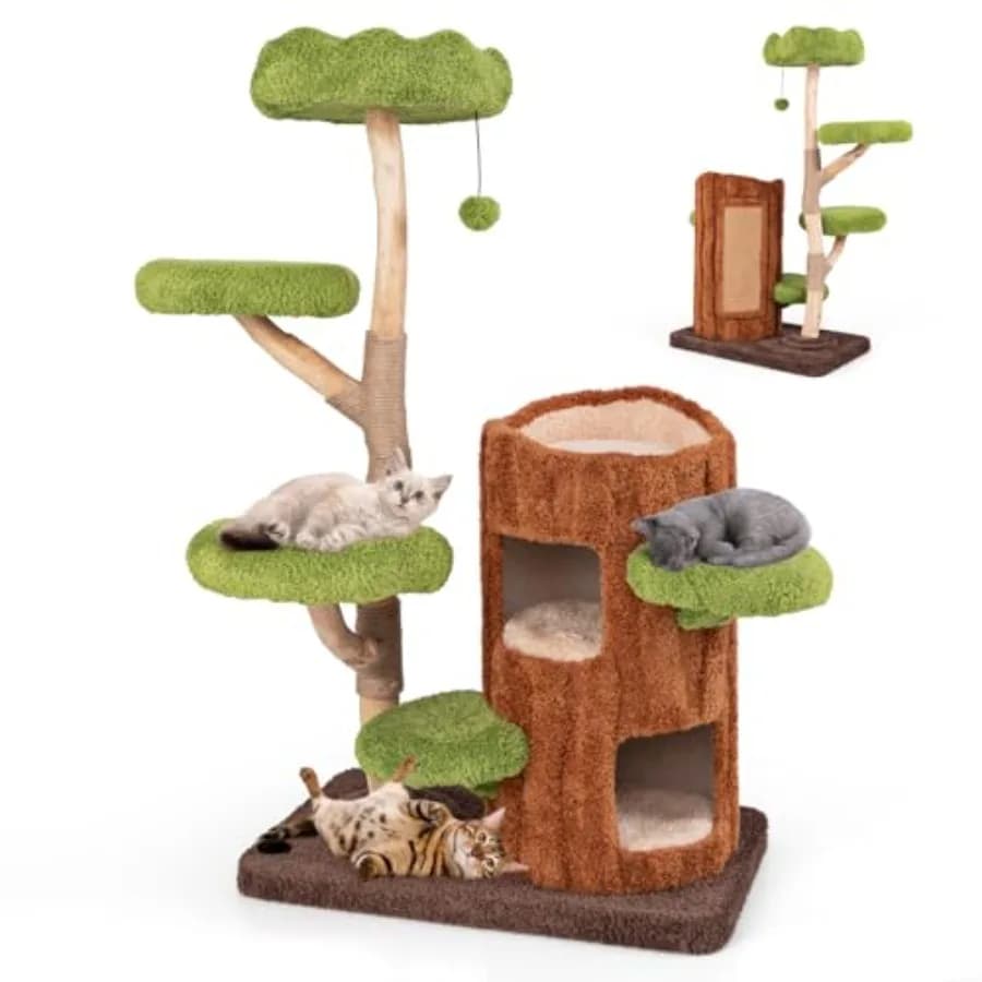 Albero per Gatti in Legno da 55 Pollici, Torre Multi-Livello per Gatti da Interno con Cuccia a Due Piani, Tiragraffi, Pannello in Sisal e Piattaforma Imbottita Morbida
