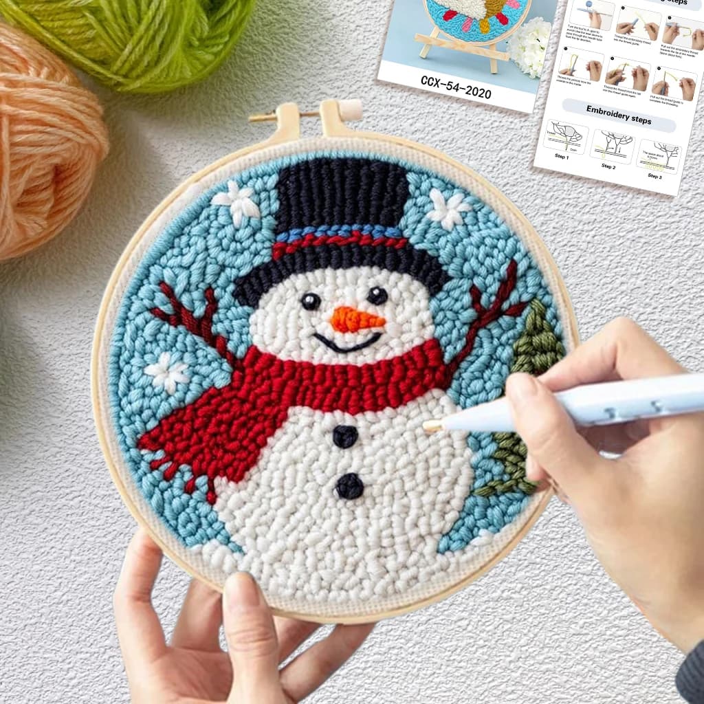 Punch Needle Kit for Beginners Snowman Design DIY Embroidery Kit with Yarn, Fabric, Hoop, Needle & Instructions Fun Craft Kit