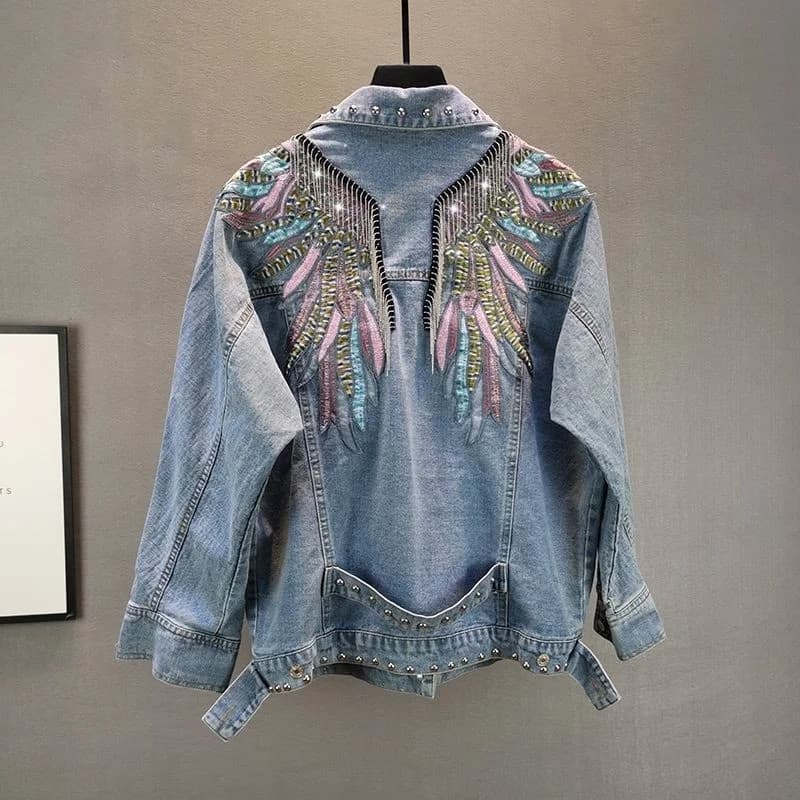 2024 New AutumnFashion Rivet donna giacca di Jeans manica lunga giacche femminili cappotto di Jeans perline nappa cappotto di Jeans capispalla