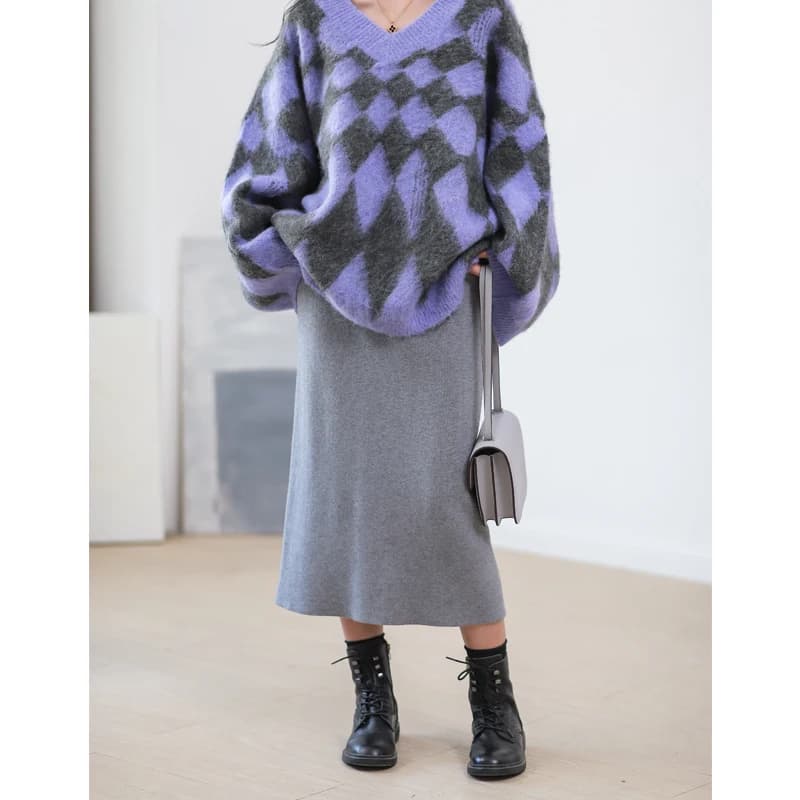 Gonna a Vita Alta in Maglia con Spacco, Lunghezza al Polpaccio, Elastica, Tinta Unita, Versatile per l'Inverno, Marca Phil Dan