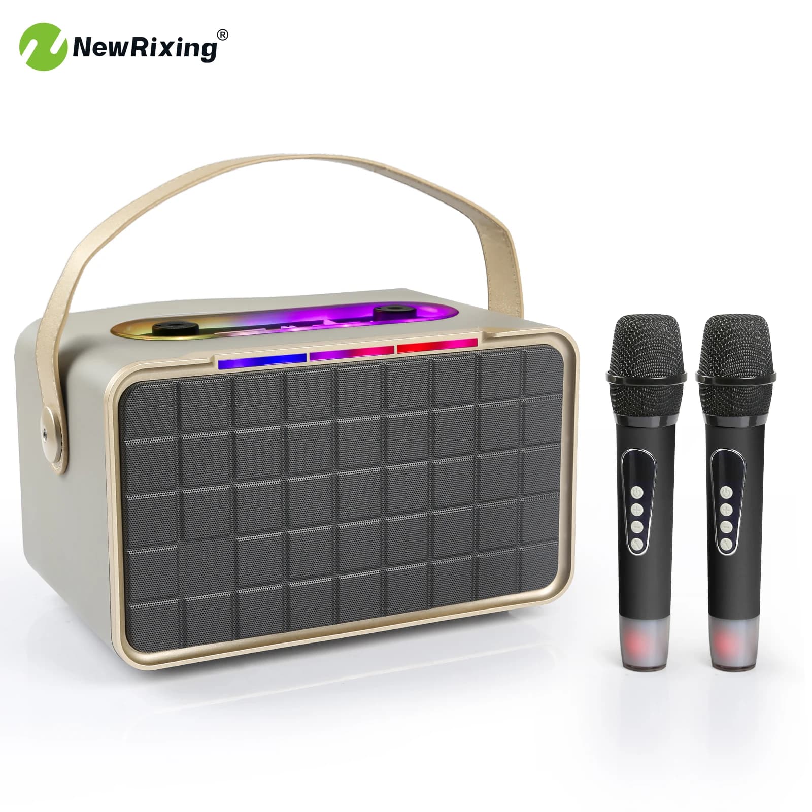 Macchina per karaoke wireless NewRixing con 2 microfoni, altoparlante wireless portatile con 2 microfoni, 40 W, luci RGB, supporto BT/AUX/TF/USB