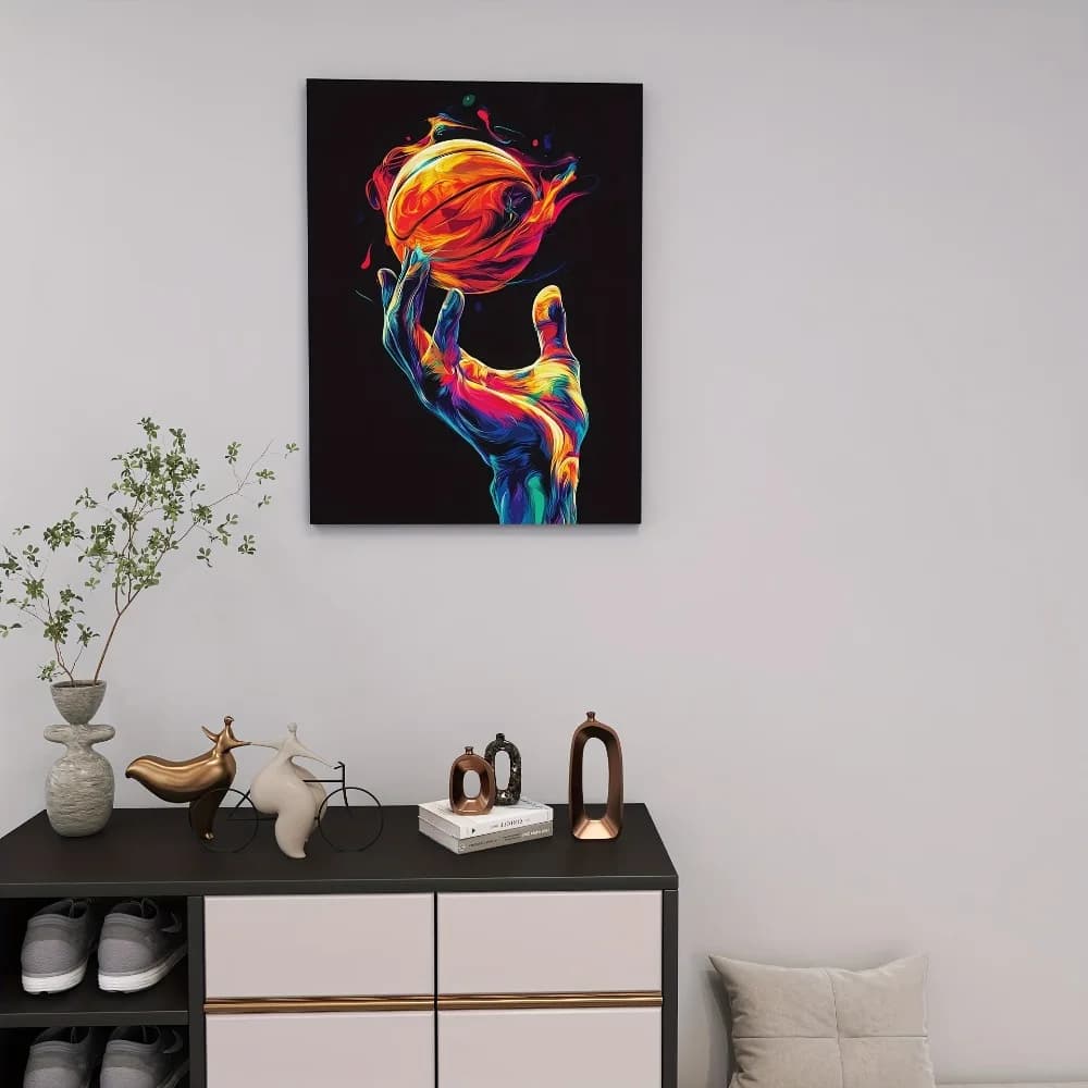 An image to hang on the impact of color smoke with wooden frame, hand-touch basketball, coating, solid wood structure often 1.5".