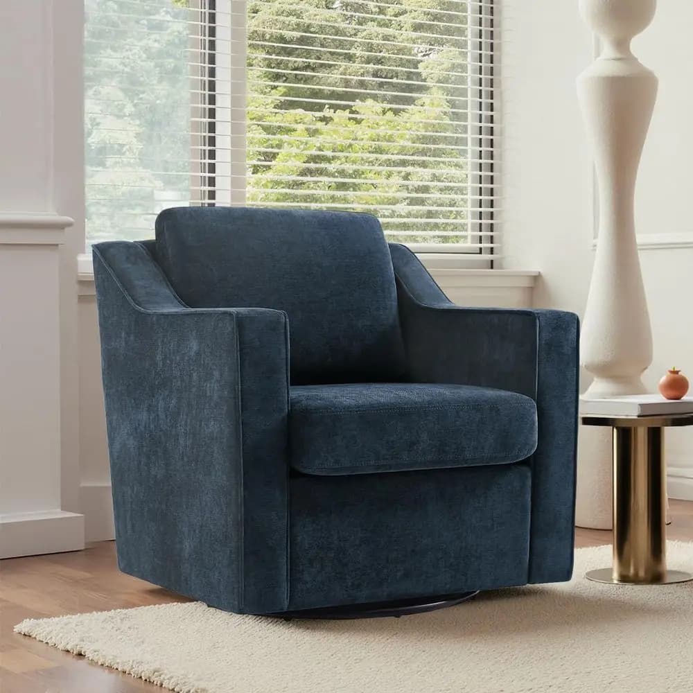 Poltrona Girevole in Ciniglia Blu Navy per Soggiorno, Seduta da Lettura per Camera da Letto con Cuscino Lombare