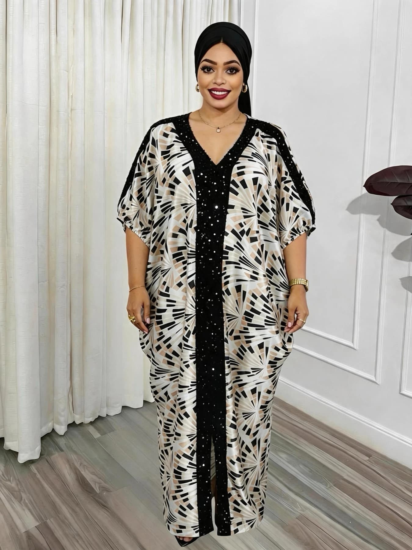Plus Size African Sequin Print Long Dress Middle East Traditional Abaya Robe Loose Full Coverage Long Robe With Matching