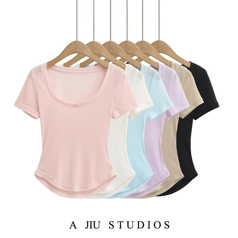 T-shirt a maniche corte slim fit, tinta unita, scollo a U, sottile, estiva, sexy, top corto da donna, in misto poliestere e cotone