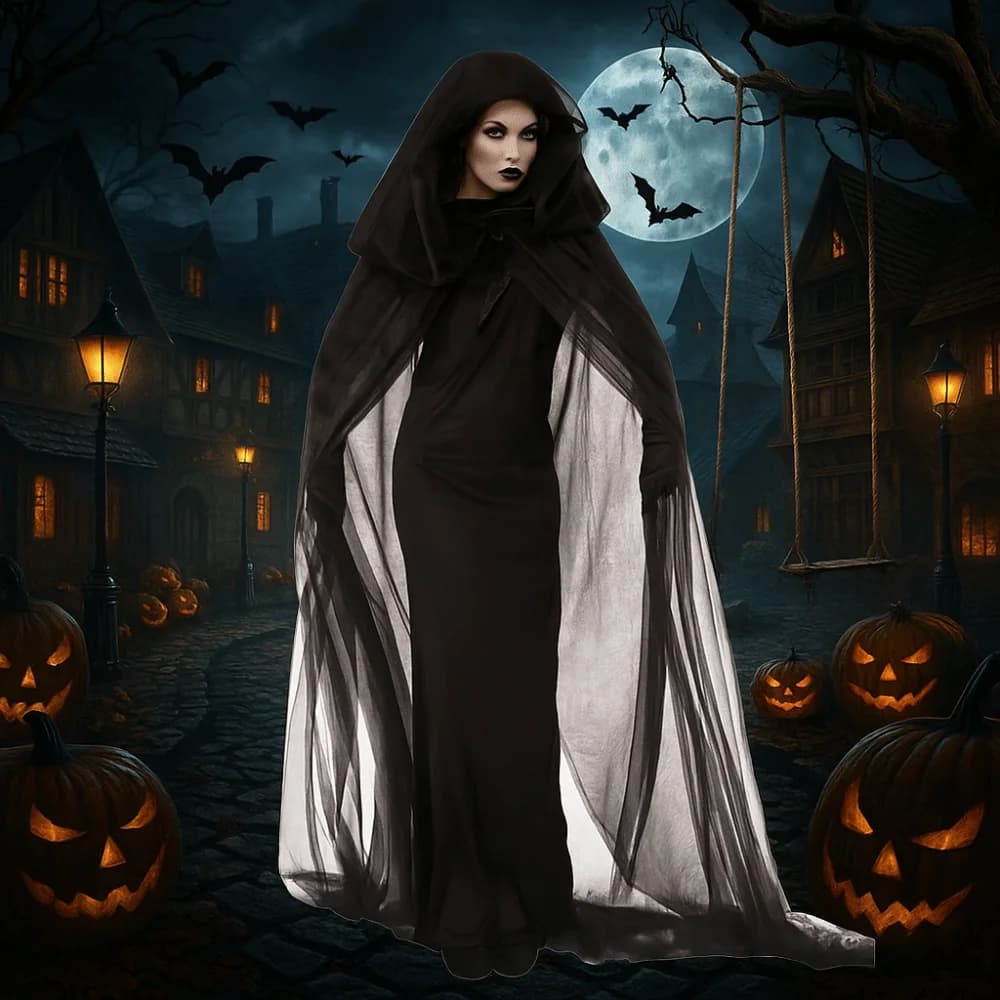 Dolce mantello da fantasma in rete trasparente con lacci per donna, costume di Halloween, accessori cosplay, mantello con cappuccio per bambini