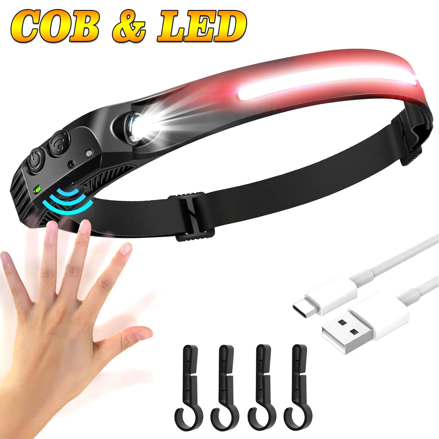 Lampada Frontale a Induzione LED, Luce da Campeggio Ricaricabile USB, Torcia da Testa con Batteria Integrata