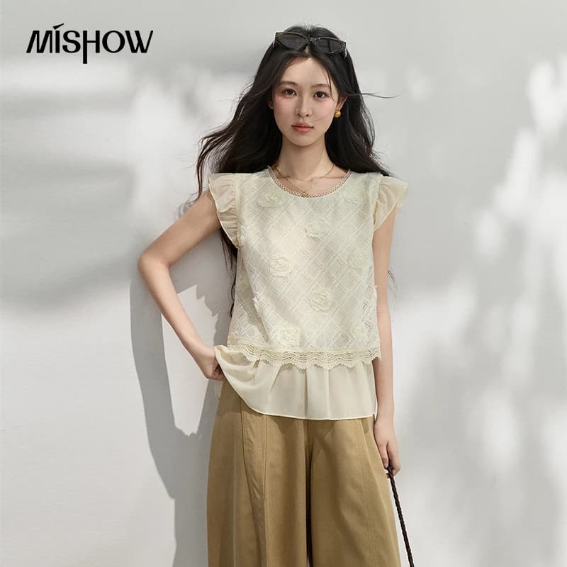 MISHOW Camicetta in Pizzo 3D con Rose, Nuova Collezione Estate 2026, Maniche a Volant, Traspirante, Stile Francese Delicato, Top da Donna MXF24X2631