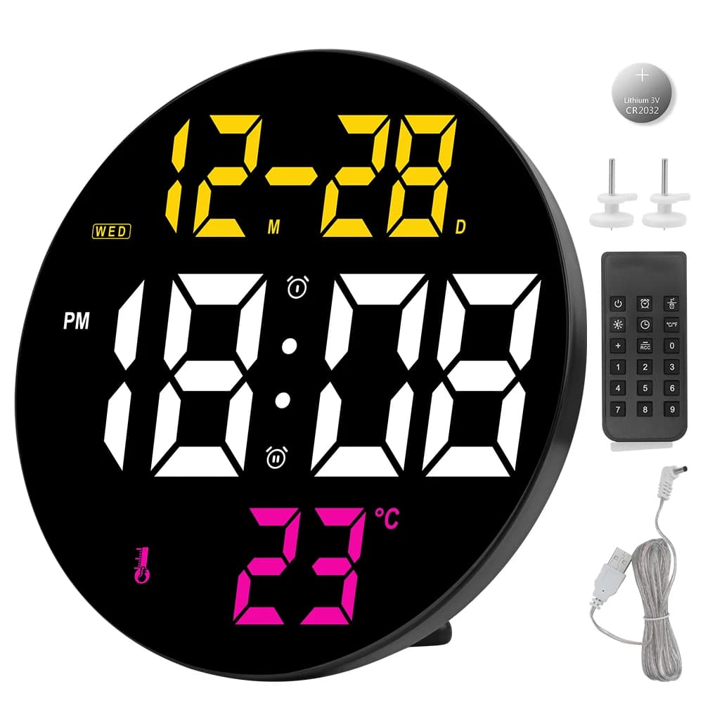 Orologio da Parete Digitale LED BORUiT con Telecomando, Display Calendario e Temperatura, Data e Settimana, Sveglia LED per Decorazione Casa