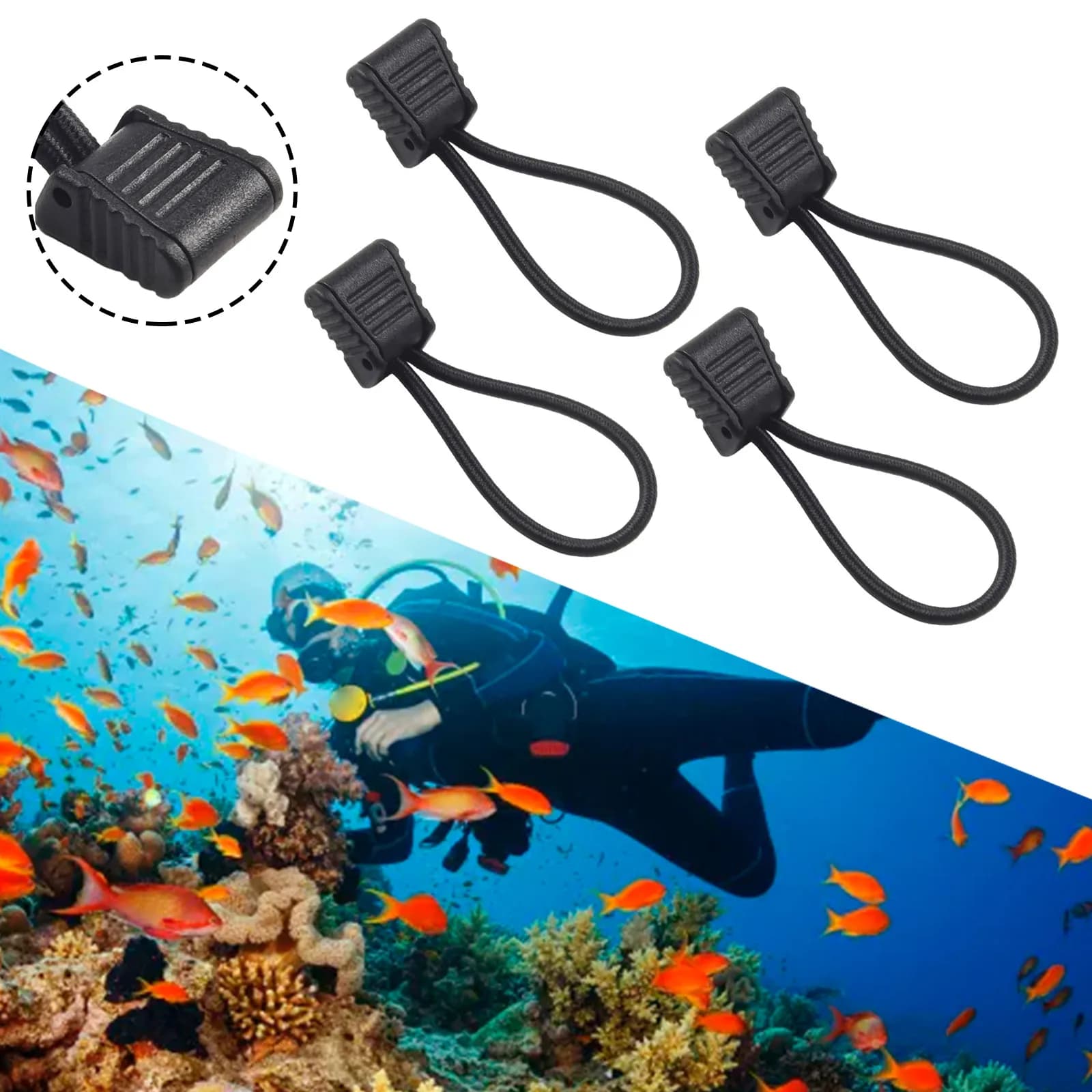 4pc Scuba Diving Dive Diver Pipe Clip Stand Elastic Bungee Rope Tap Light 6.5 Cm Diving Snorkel Attachment Rope