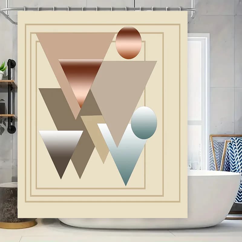 Set di tende da doccia con tappetino da bagno a forme geometriche, design moderno e minimalista per l'arredamento del bagno.