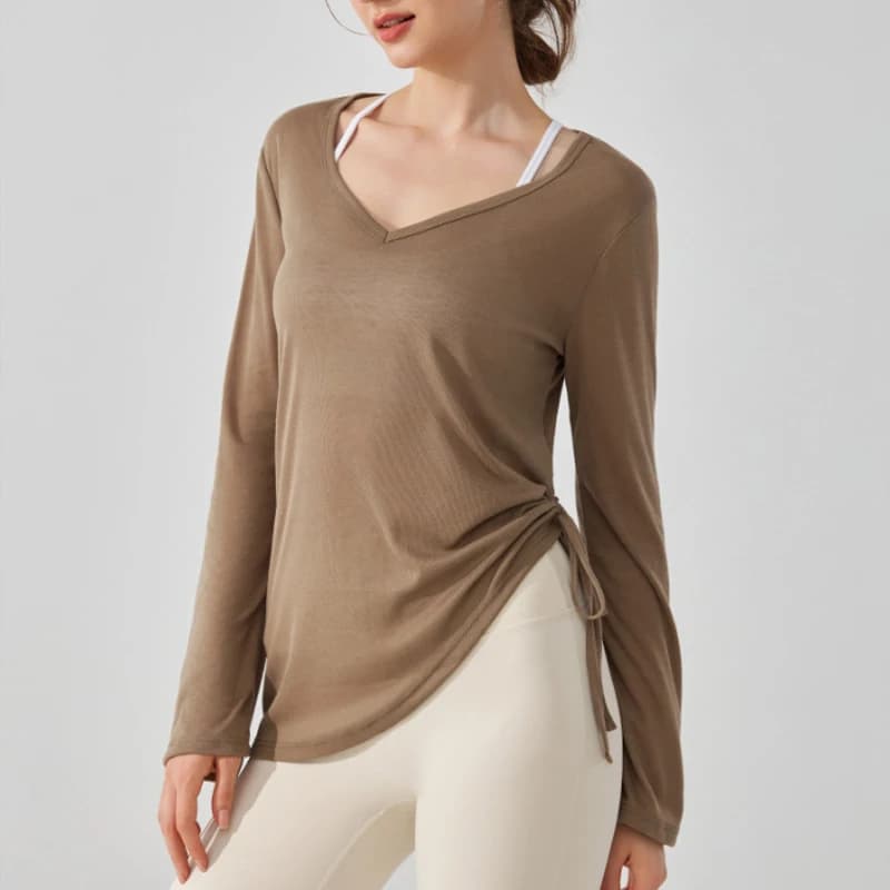 Camicia da yoga a maniche lunghe da donna, top da corsa ampio, tinta unita, camicetta da allenamento sexy con scollo a V, abbigliamento sportivo femminile