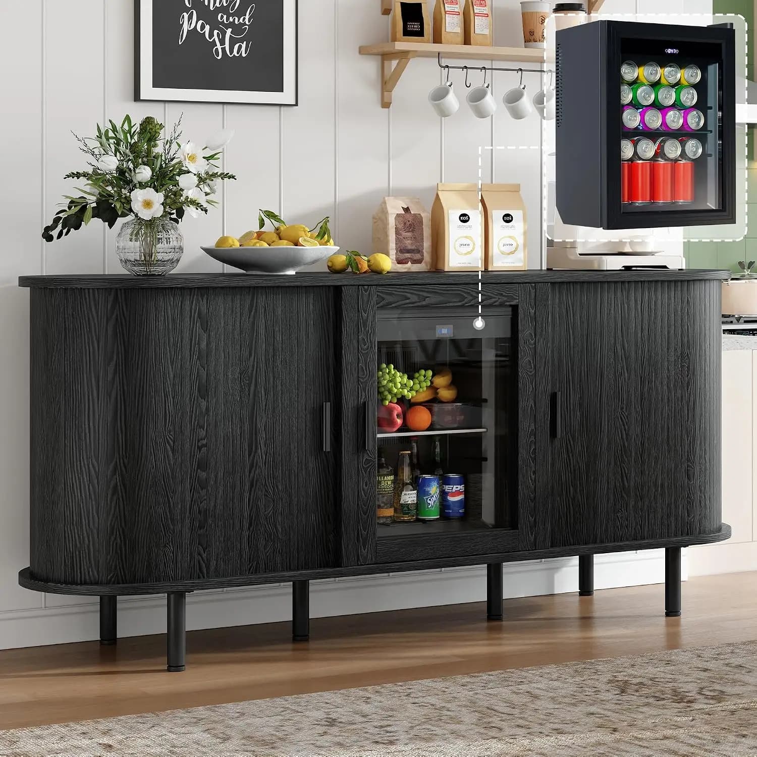 Coffee Bar Cabinet With Fridge Storage Space, Large Sideboard Cabinet, Adjustable Shelves, Tambour Sliding Doors, Wood Buffet Sideboard Table Cupboard Organizer For Dining Room, Living Room, Kitchen