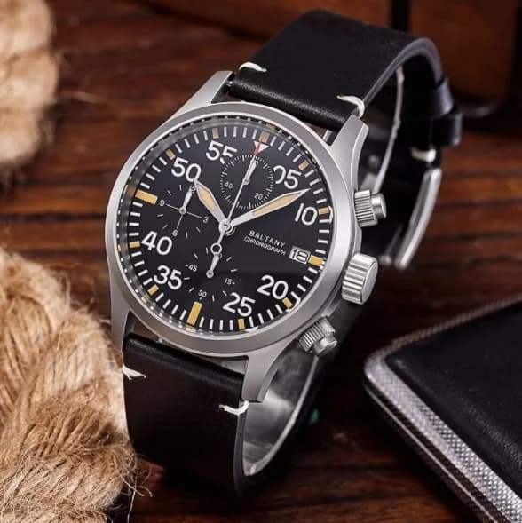 Baltany Men Chronograph Watch Aviator 39mm Quartz Wristwatch Sapphire Mirror 10ATM Waterproof BGW-9 Luminous VK67