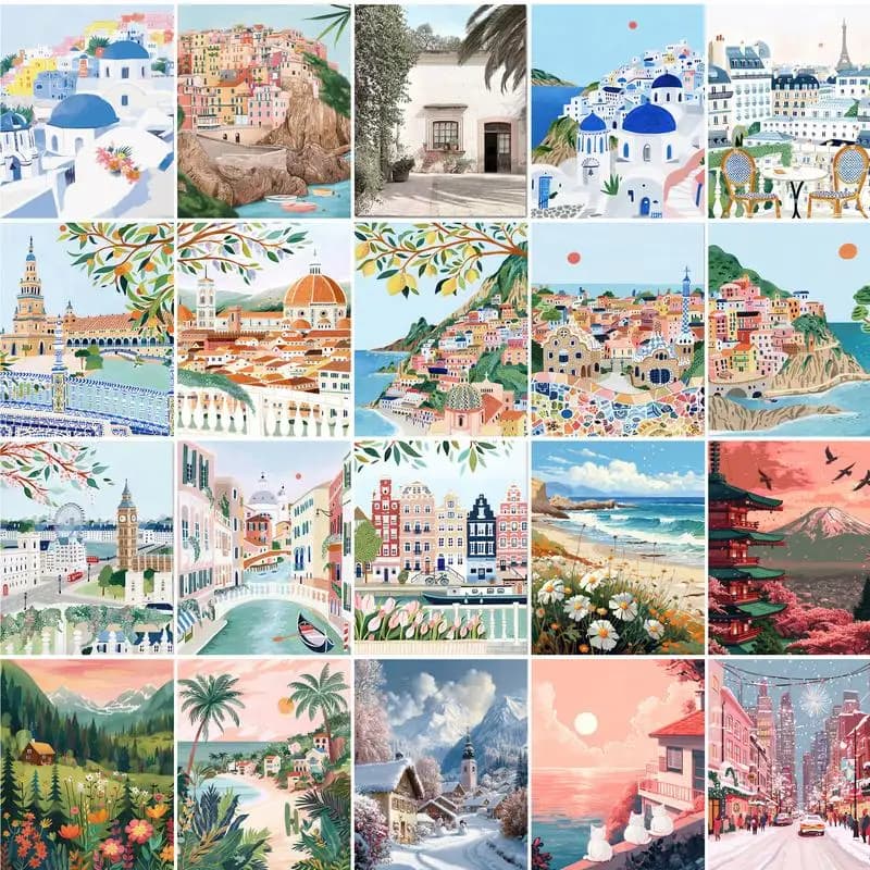 1pc frameless Acrylic Painting By Numbers Town Landscape Number Painting Paint Kit Painting Decors For Adults For Handicraft