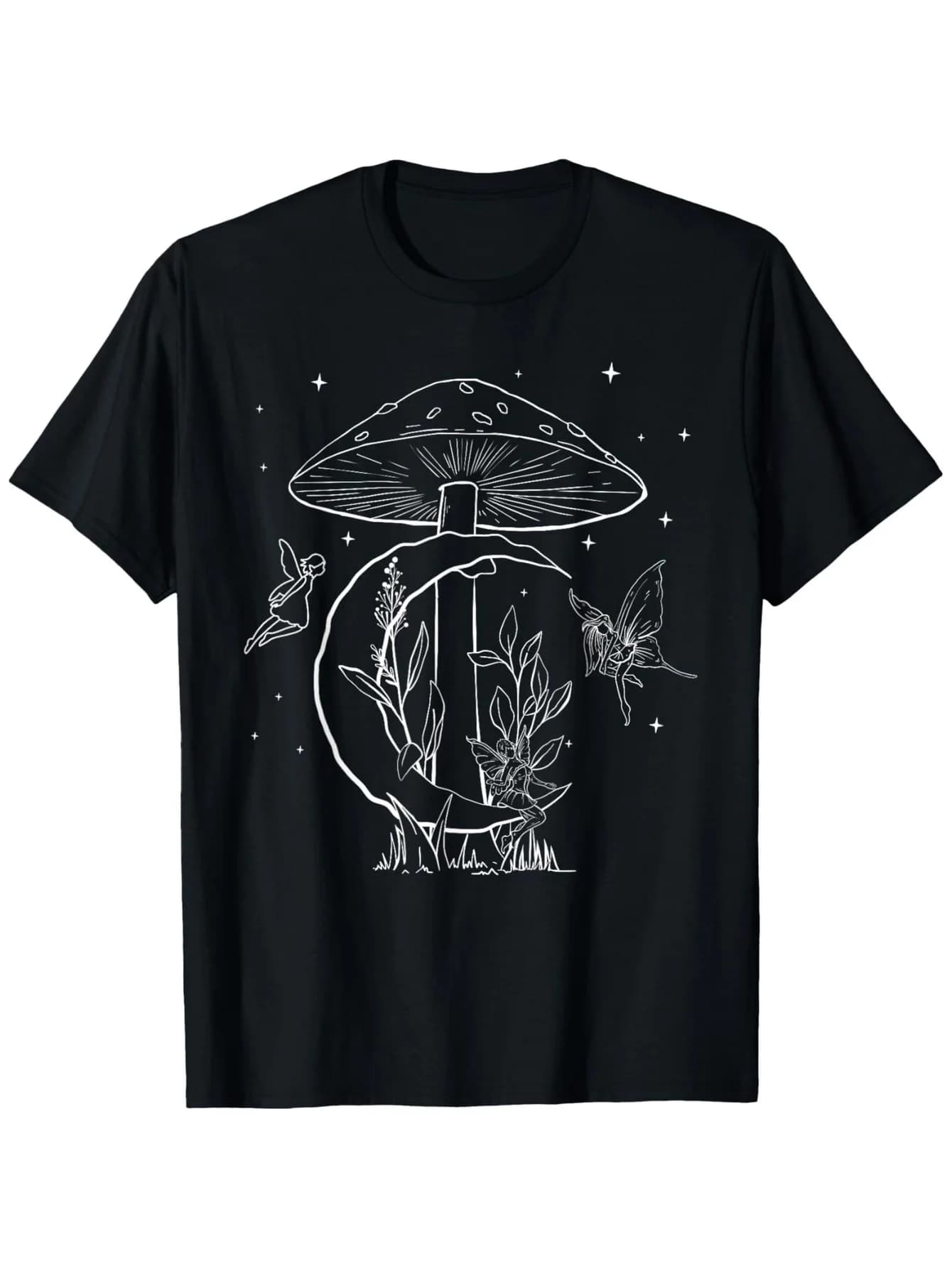 T-shirt Fairycore Mushroom Moon - 100% cotone, S-XXXL, nera, regalo naturale stravagante