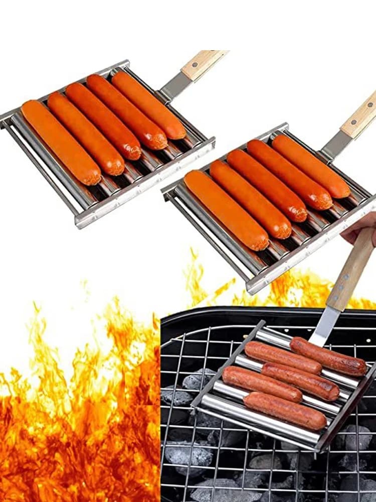 E5 Hot Dog Roller Rack Outdoor BBQ Camping Equipment Sausage Grill bbq Accessories Pan Long Wood Handle Charcoal Barbecue Tools