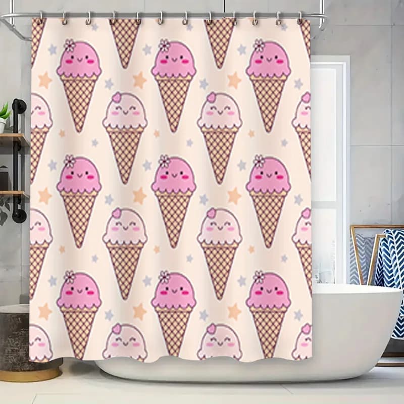 Simpatica tenda da doccia con stampa a cono gelato Kawaii per l'arredamento del bagno in colori pastello rosa e beige 72 x 84 pollici