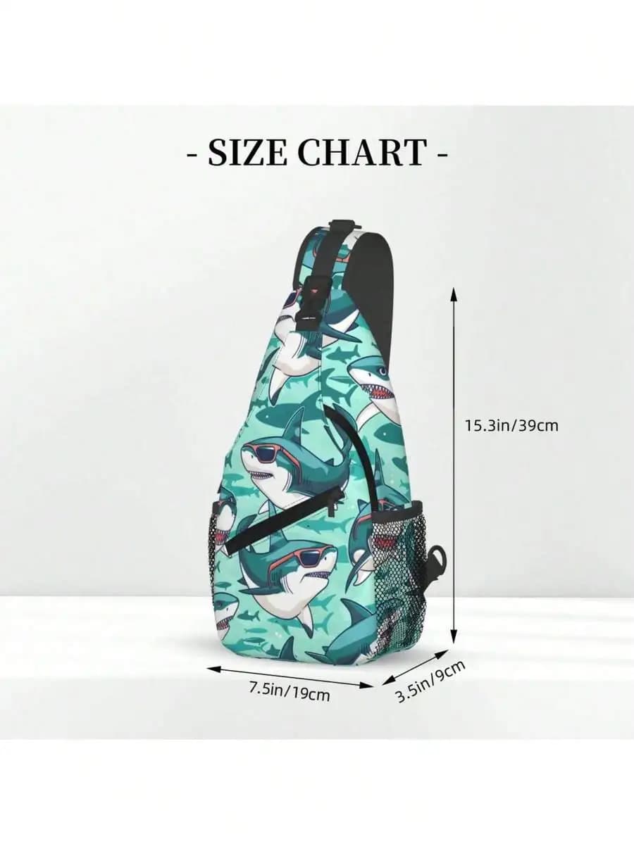 Shark Print Crossbody Sling Bag With Sunglasses Design - Durable Polyester Chest Pack For Outdoor Activities