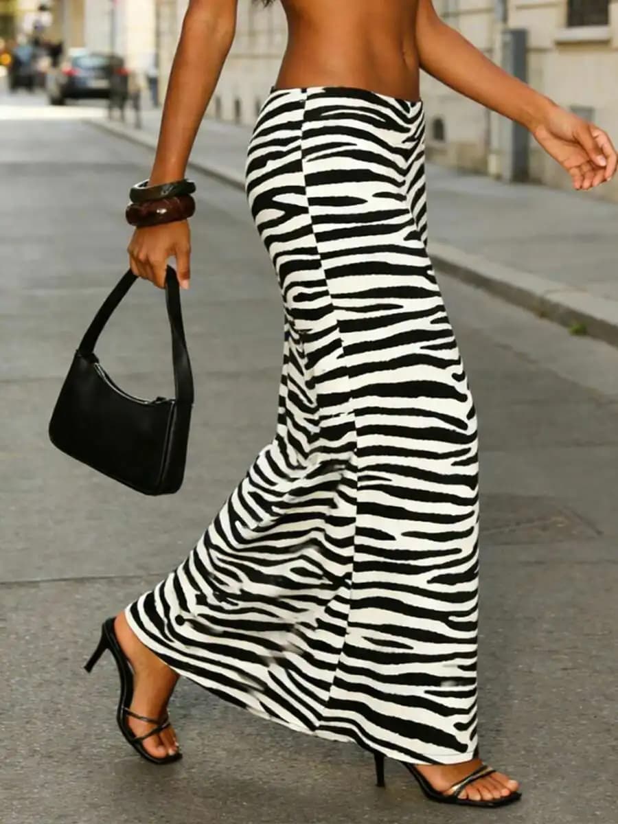 High Waisted Zebra Print Maxi Skirt Casual A-Line Flared Long Skirt For Women