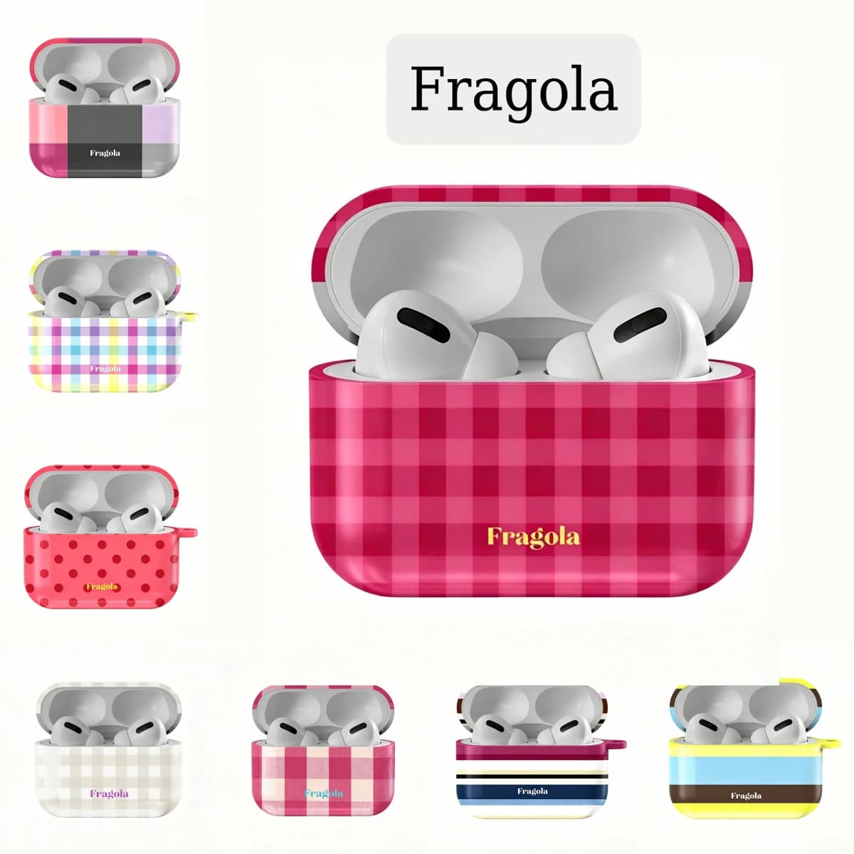 Fragola Pink Grids Shockproof Protective Glossy HD Hard PC Cover Case For AirPods Earphone 1 2 3 Pro Pro2 With Metal Hook